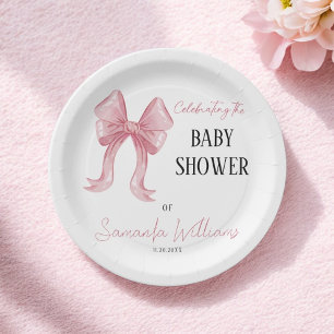 Minimalistische Elegante Roze Strik Meisje Baby Sh Papieren Bordje