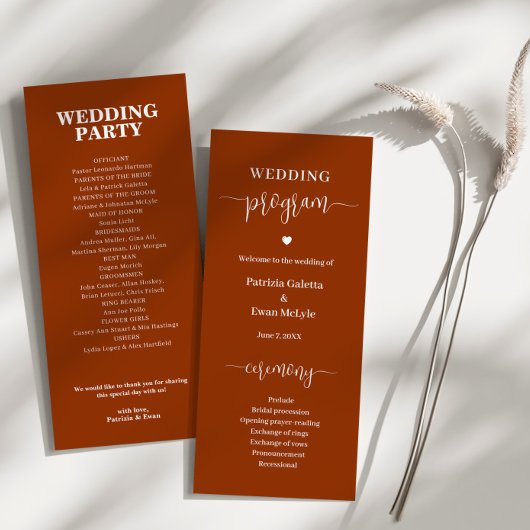 Minimalistische Elegante Rust Terracotta Trouwflat Programmakaart