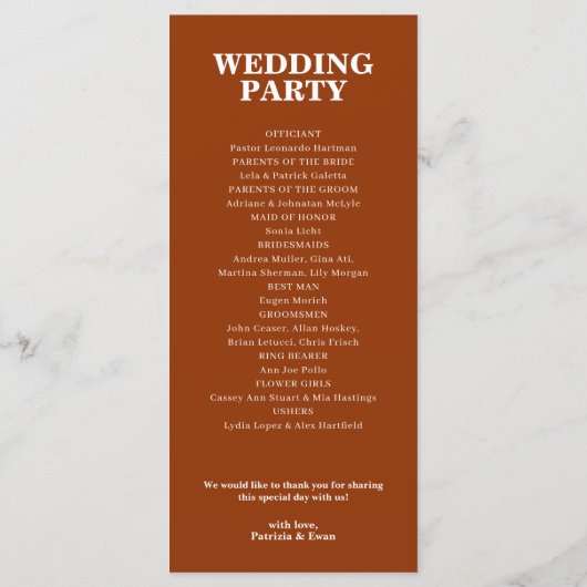 Minimalistische Elegante Rust Terracotta Trouwflat Programmakaart (Achterkant)