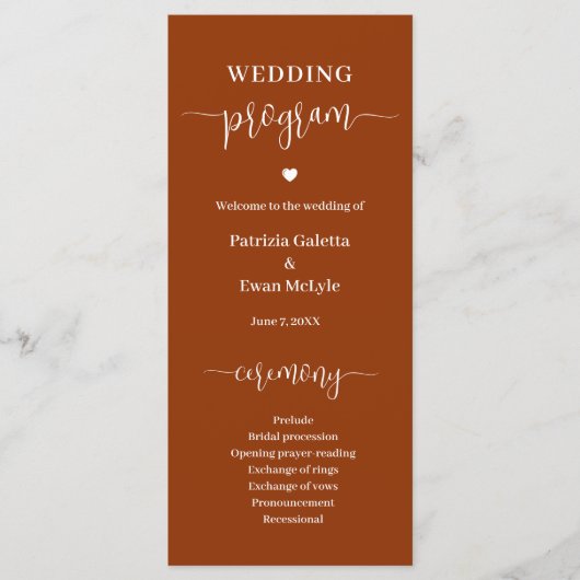 Minimalistische Elegante Rust Terracotta Trouwflat Programmakaart (Voorkant)
