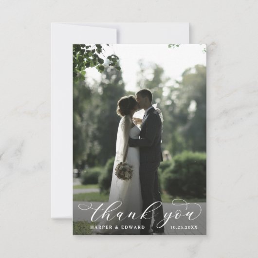 Minimalistische Elegante Script 2 Foto Huwelijk Bedankkaart (Voorkant)
