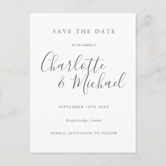 Minimalistische Elegante Script Bewaar de Datum Briefkaart (Voorkant)