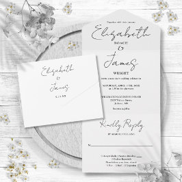 Minimalistische Elegante Script Zwart-Wit Bruiloft All In One Uitnodiging