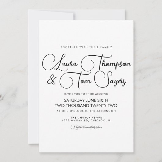 Minimalistische Elegante Script Zwart Wit Chic Tro Kaart (Voorkant)