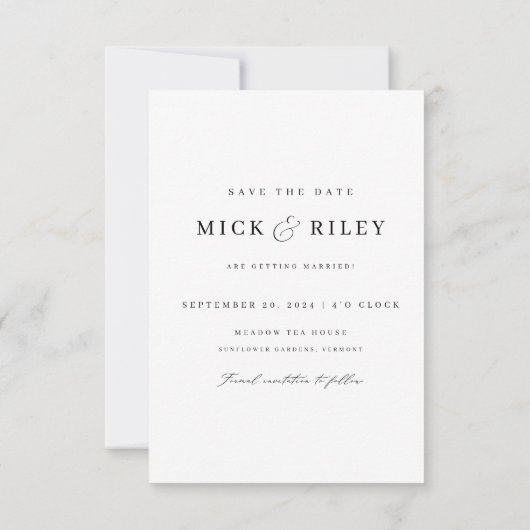 Minimalistische elegante tekst en foto bruiloft save the date (Achterkant)