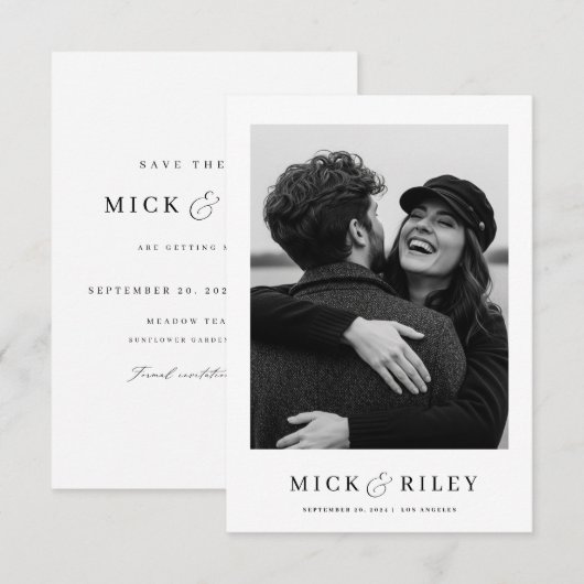 Minimalistische elegante tekst en foto bruiloft save the date (Voorkant / Achterkant)