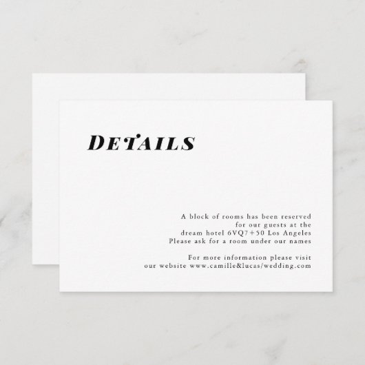 Minimalistische elegante trouwdetails kaart (Voorkant / Achterkant)