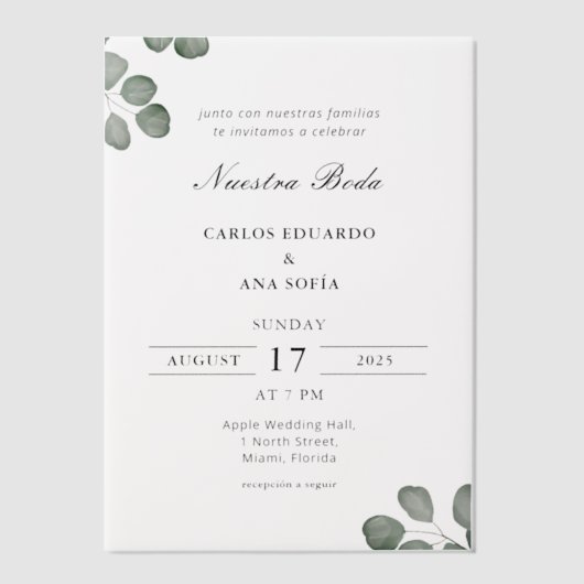 Minimalistische elegante tweetalige Spaanse bruilo Vellum Uitnodigingen (Voorkant)