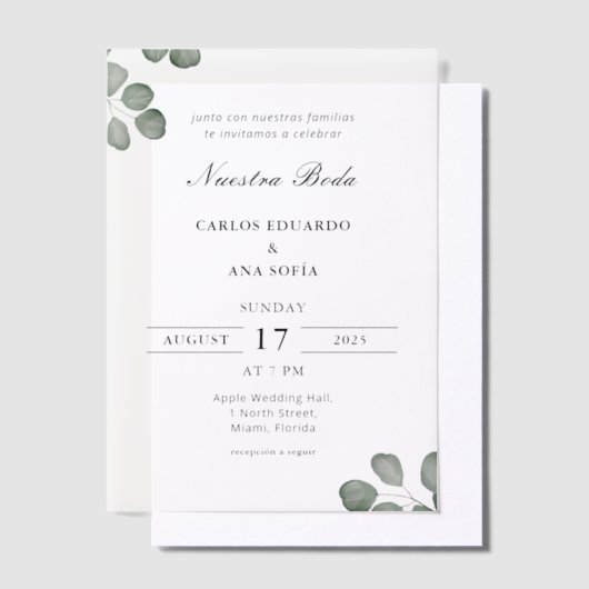 Minimalistische elegante tweetalige Spaanse bruilo Vellum Uitnodigingen (Offset)
