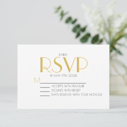 Minimalistische Elegante Witte en Gouden Huwelijk RSVP Kaartje (Staand voorkant)