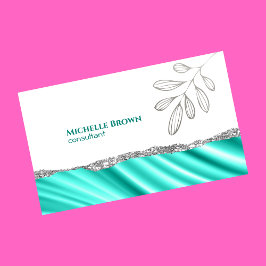 Minimalistische elegante zilveren teal bladeren co visitekaartje