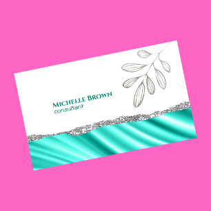 Minimalistische elegante zilveren teal bladeren co visitekaartje