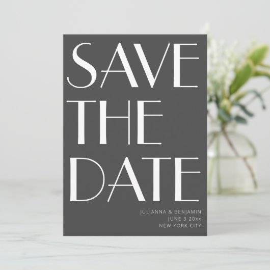 Minimalistische Elegante Zwart-Wit Art Deco Trouw Save The Date (Staand voorkant)
