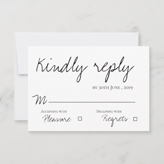 Minimalistische elegante zwart-wit script bruiloft RSVP kaartje (Voorkant)