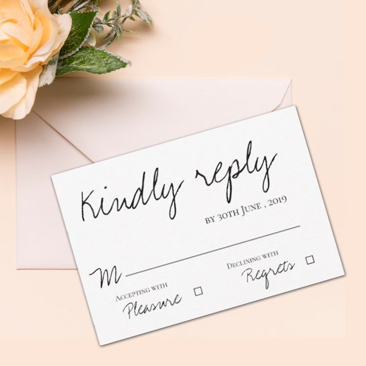 Minimalistische elegante zwart-wit script bruiloft RSVP kaartje