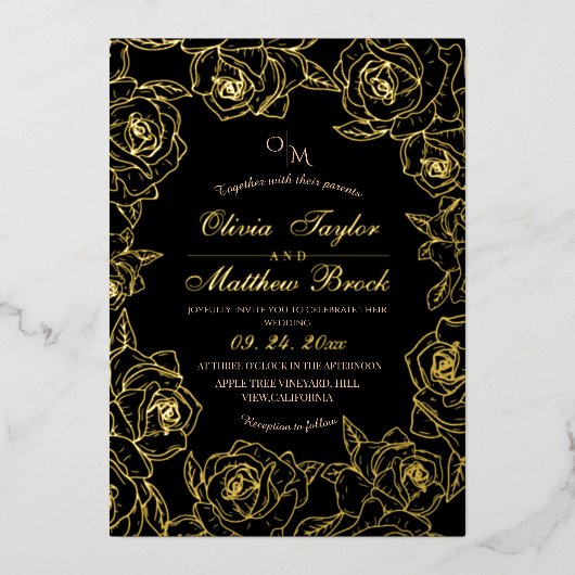 Minimalistische Elegante Zwarte en gouden Bloemen Folie Uitnodiging (Voorkant)