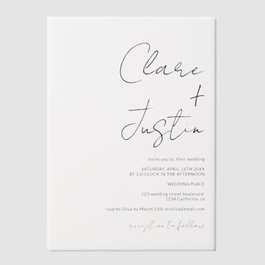 Minimalistische Elegante zwarte moderne script bru Vellum Uitnodigingen (Voorkant)