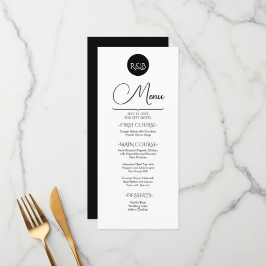 Minimalistische Elegante Zwarte & Witte Bruiloft Menu (Voorkant / Achterkant in situ)