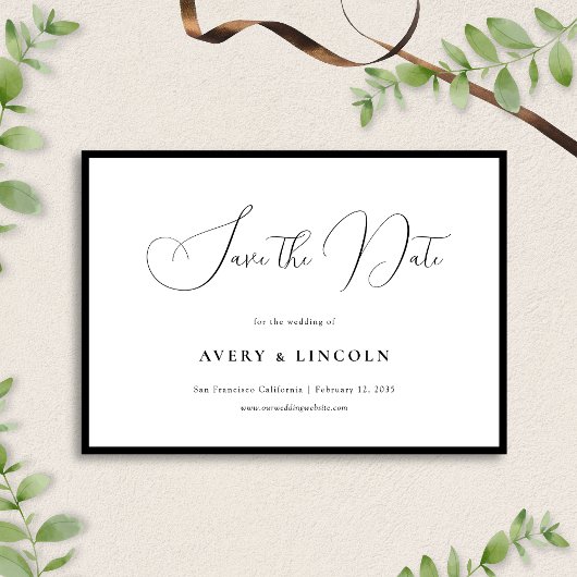 Minimalistische Elegante Zwartrand Script Bruiloft Save The Date