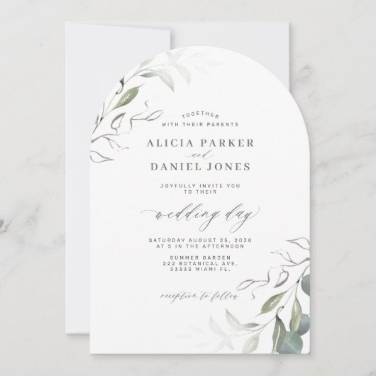 Minimalistische elegantie groene bladeren boog bru kaart (Voorkant)