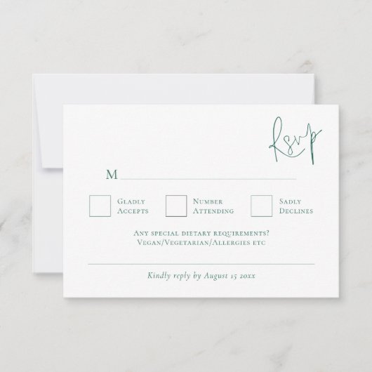 Minimalistische Emerald Green schrijven bruiloft RSVP Kaartje (Voorkant)