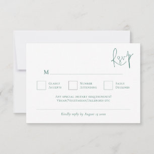 Minimalistische Emerald Green schrijven bruiloft RSVP Kaartje