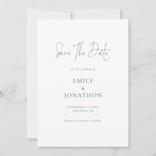 Minimalistische Emerald Green Schrijven QR Code Tr Save The Date (Voorkant)