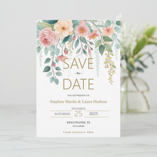 Minimalistische en bloemige Save The Date-uitnodig Save The Date (Staand voorkant)
