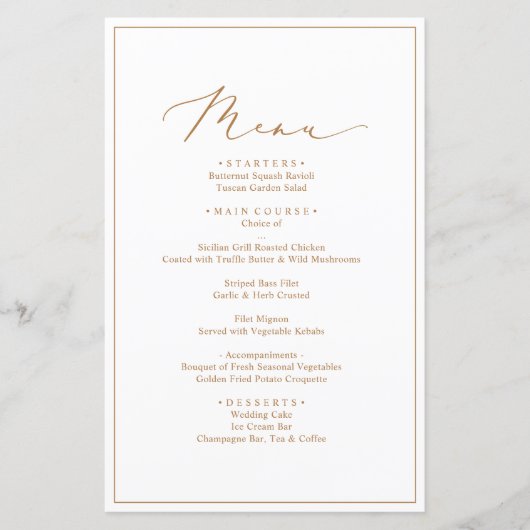 Minimalistische en chique huwelijksdiner menu's (Voorkant)