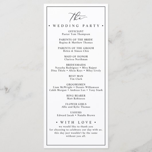 Minimalistische en chique huwelijksprogramma's menu (Achterkant)