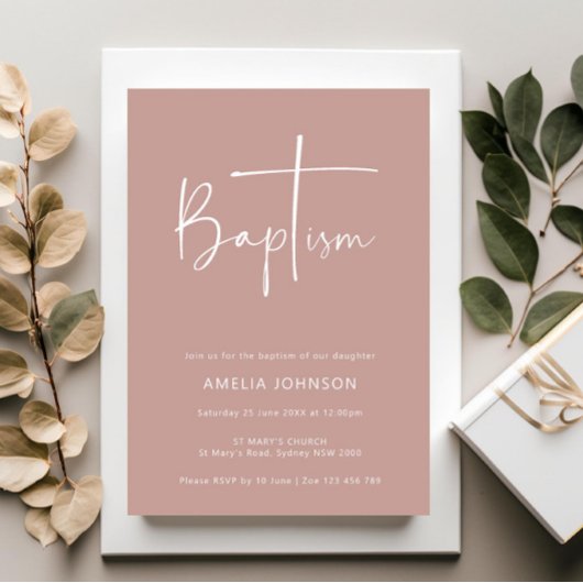 Minimalistische en eenvoudige foto roze doop kaart