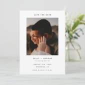 Minimalistische en moderne aangepaste 2-foto bruil save the date (Staand voorkant)