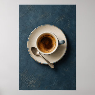 Minimalistische Espresso op Donkerblauw – Moderne Poster