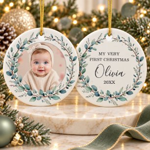 Minimalistische Eucalyptus Baby Eerste Kerst Foto Keramisch Ornament