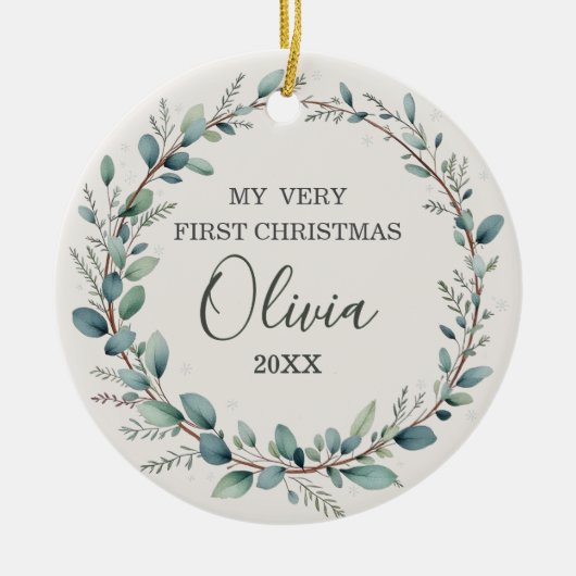 Minimalistische Eucalyptus Baby Eerste Kerstdag Keramisch Ornament (Voorkant)