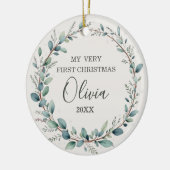 Minimalistische Eucalyptus Baby Eerste Kerstdag Keramisch Ornament (Links)