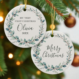 Minimalistische Eucalyptus Baby Eerste Kerstdag Keramisch Ornament