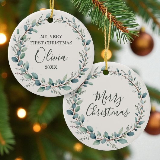 Minimalistische Eucalyptus Baby Eerste Kerstdag Keramisch Ornament