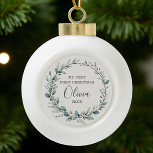 Minimalistische Eucalyptus Baby Eerste Kerstdag Keramische Bal Ornament