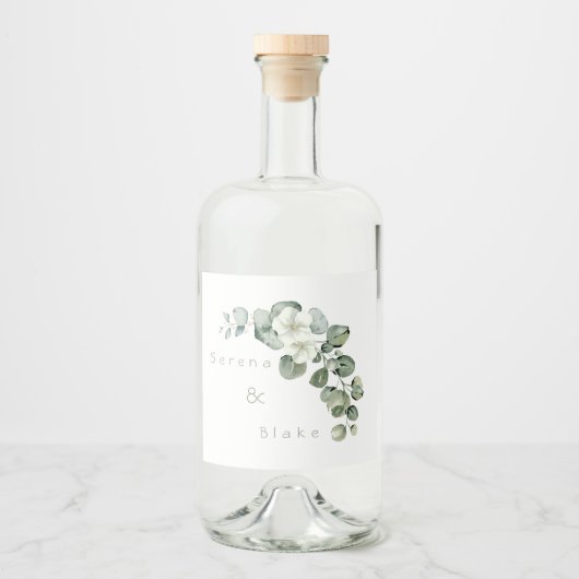 Minimalistische eucalyptus bruiloft wit likeurfles etiket (Voorkant)