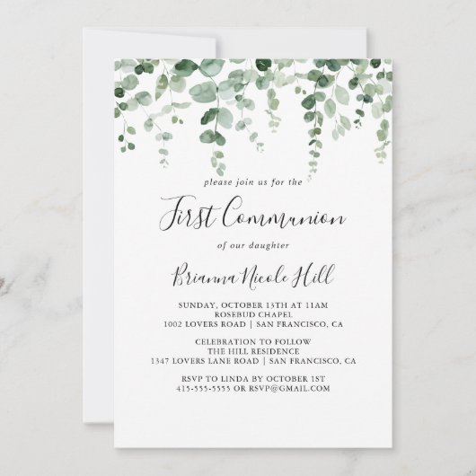 Minimalistische eucalyptus eerste communie kaart (Voorkant)