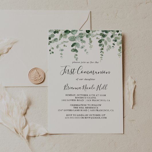 Minimalistische eucalyptus eerste communie kaart