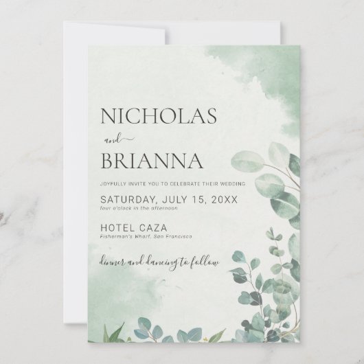 Minimalistische eucalyptus groen bruiloft kaart (Voorkant)