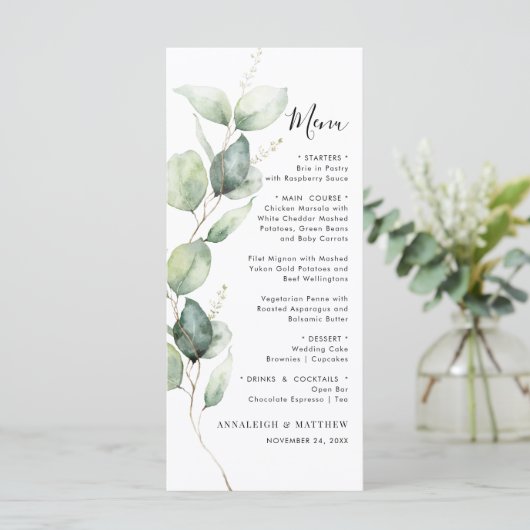 Minimalistische eucalyptus groen bruiloft menu (Staand voorkant)