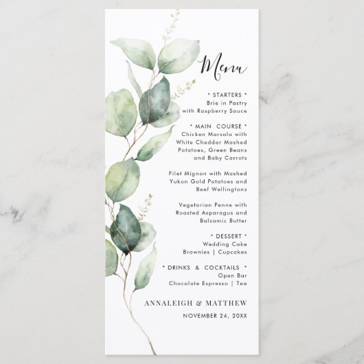 Minimalistische eucalyptus groen bruiloft menu (Voorkant)