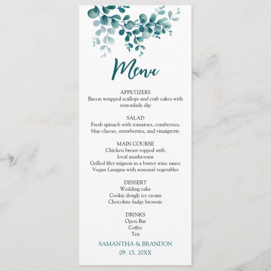 Minimalistische eucalyptus groen bruiloft menu (Voorkant)