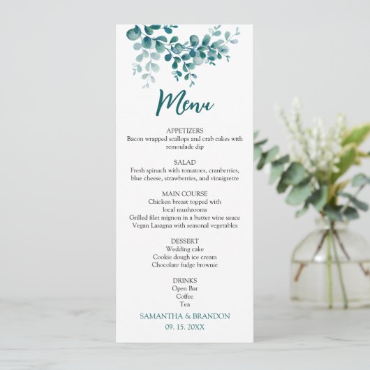 Minimalistische eucalyptus groen bruiloft menu (Staand voorkant)