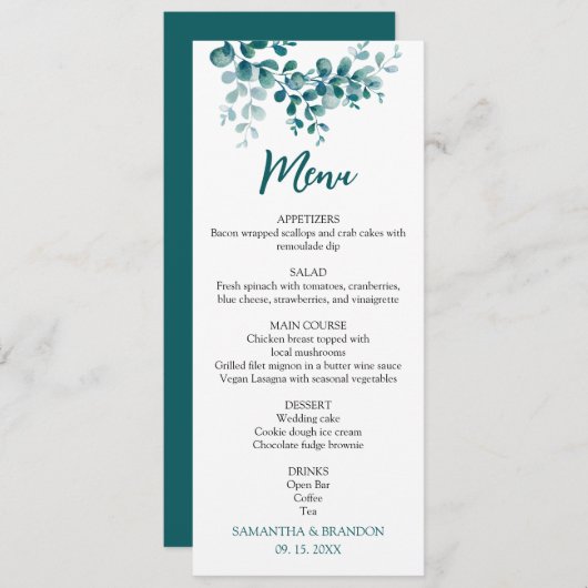 Minimalistische eucalyptus groen bruiloft menu (Voorkant / Achterkant)
