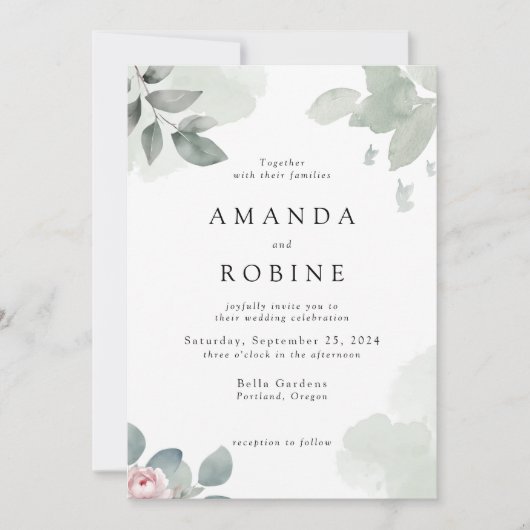 Minimalistische eucalyptus groen bruiloft uitnodig kaart (Voorkant)