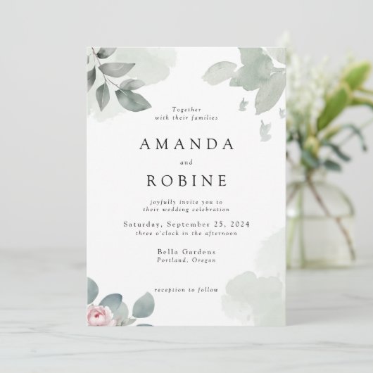 Minimalistische eucalyptus groen bruiloft uitnodig kaart (Staand voorkant)